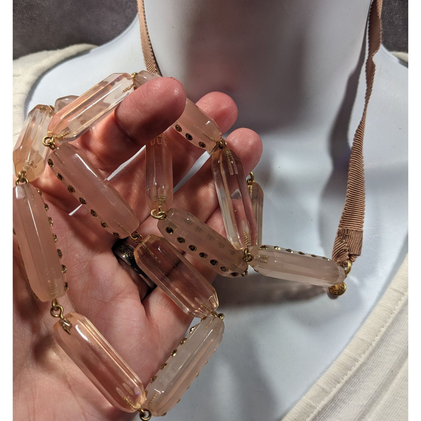 J.Crew Translucent Pink Link Tie On Necklace With Rhinestone Accents