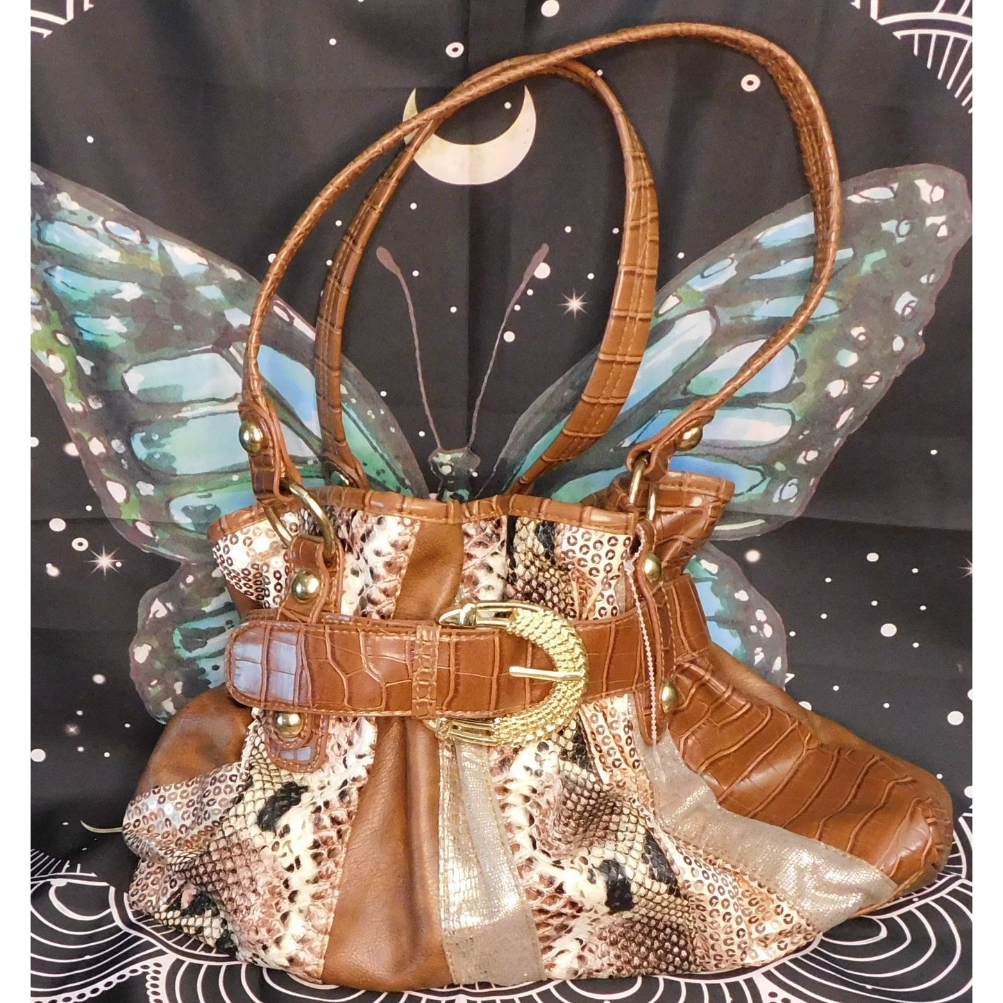 Patchwork Glam Shoulder Bag With Sequin And Glitter Accents