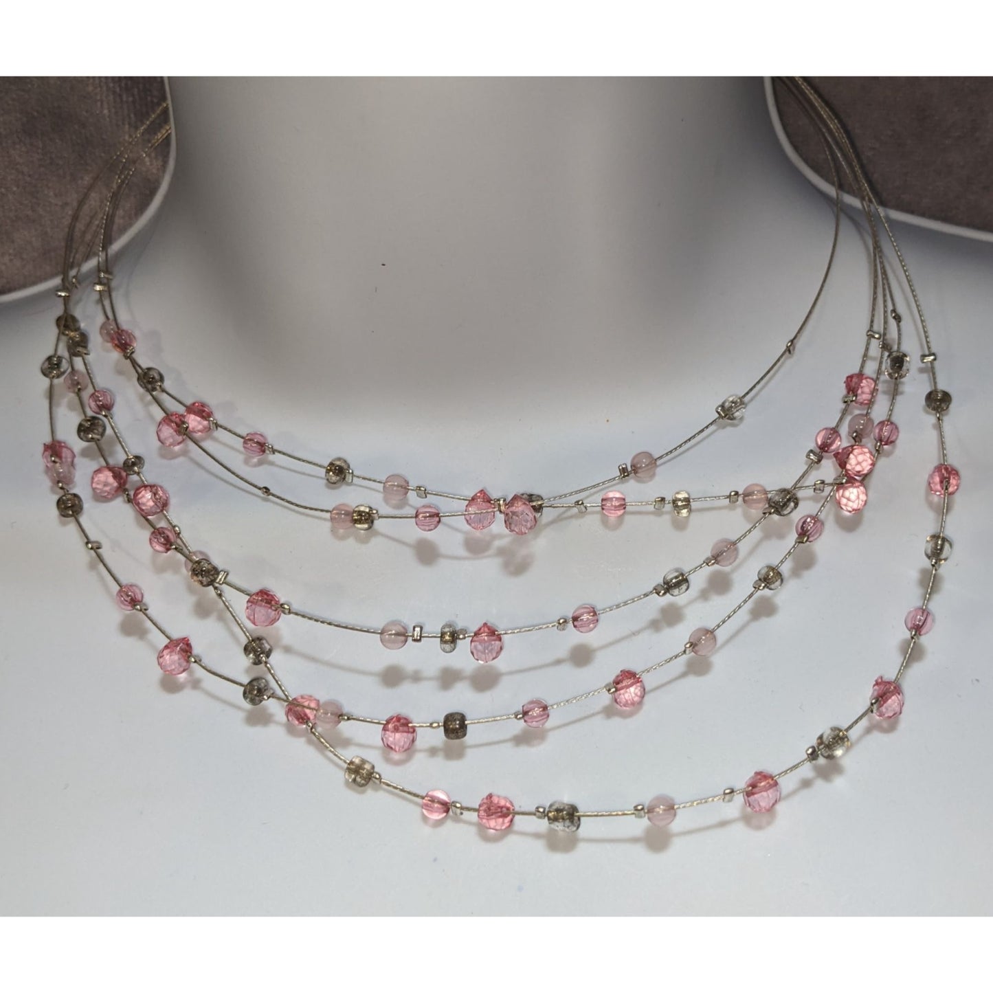 Pink Multi Strand Beaded Necklace Layered Glass Crystal Y2K Coquette Fairycore Jewelry
