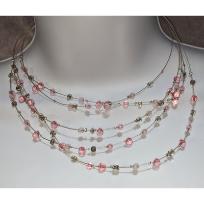 Pink Multi Strand Beaded Necklace Layered Glass Crystal Y2K Coquette Fairycore Jewelry