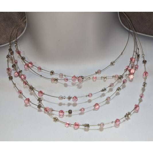 Pink Multi Strand Beaded Necklace Layered Glass Crystal Y2K Coquette Fairycore Jewelry
