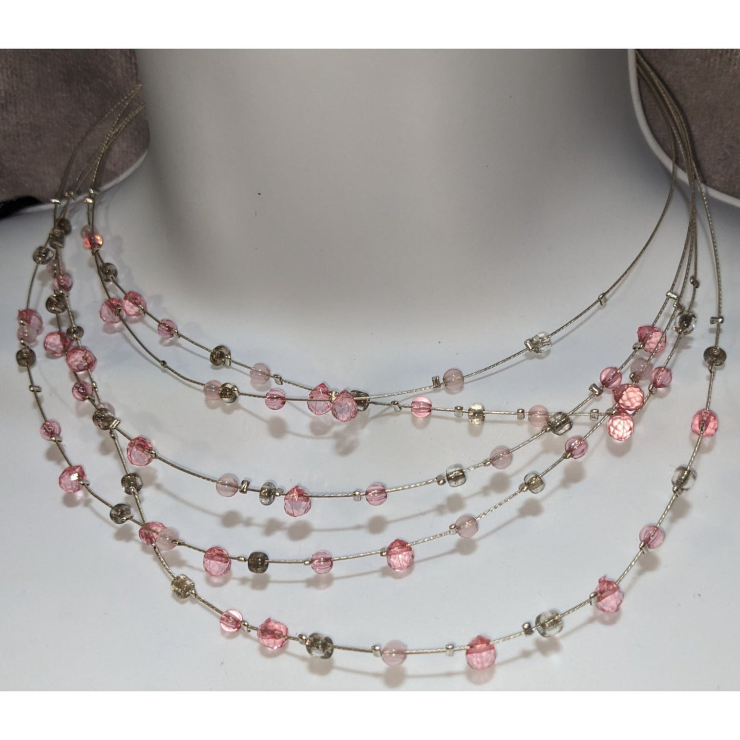 Pink Multi Strand Beaded Necklace Layered Glass Crystal Y2K Coquette Fairycore Jewelry