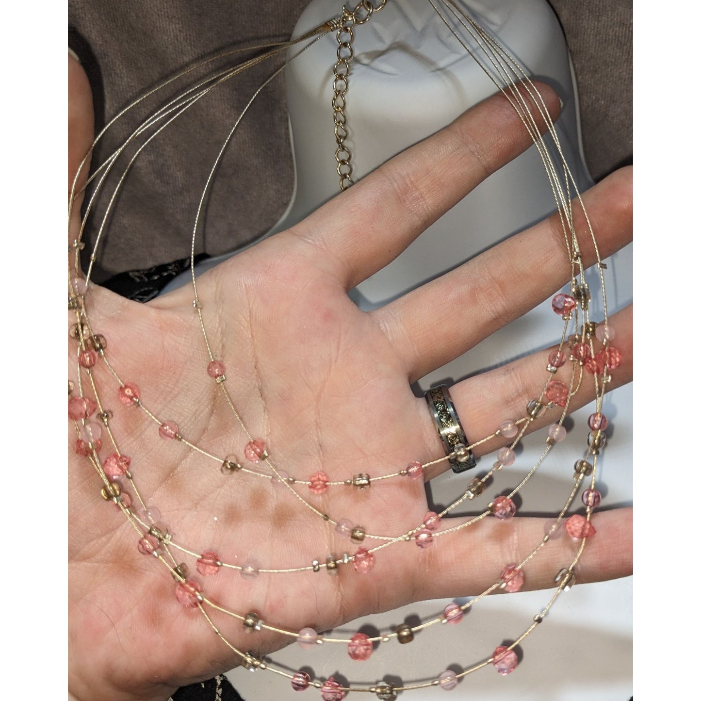 Pink Multi Strand Beaded Necklace Layered Glass Crystal Y2K Coquette Fairycore Jewelry