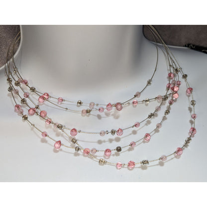 Pink Multi Strand Beaded Necklace Layered Glass Crystal Y2K Coquette Fairycore Jewelry