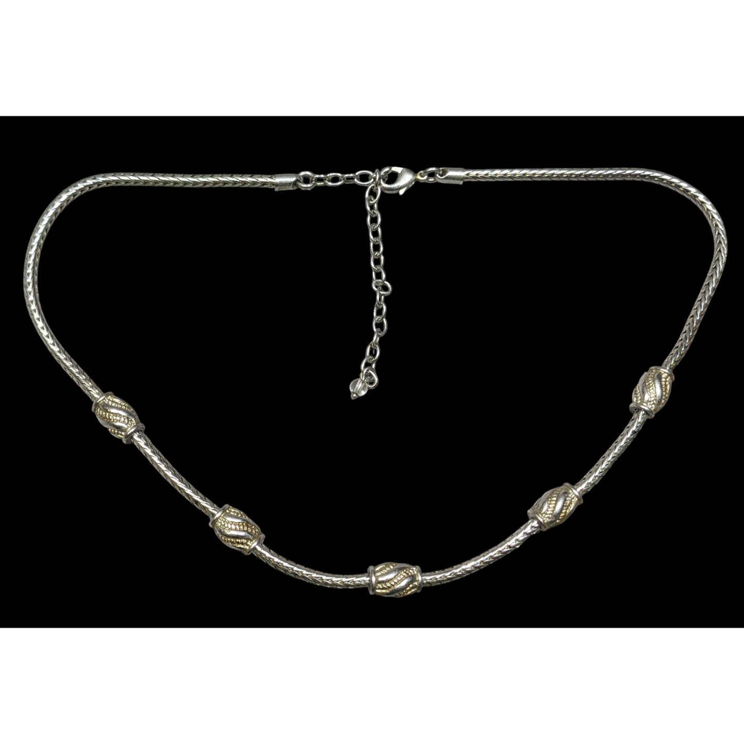 Modernist Metallic Silver Tone Station Necklace On Snake Chain