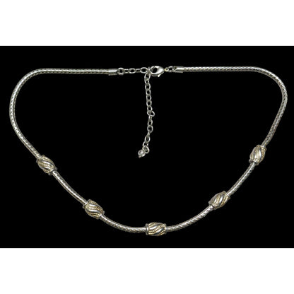 Modernist Metallic Silver Tone Station Necklace On Snake Chain