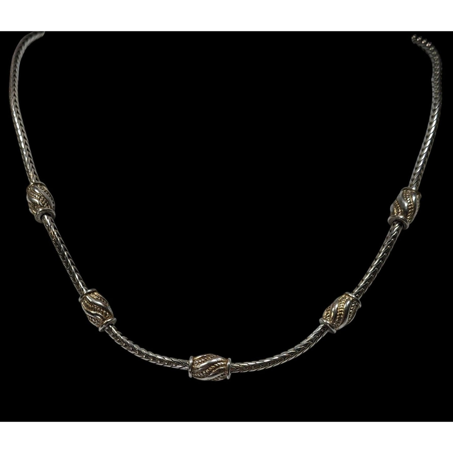 Modernist Metallic Silver Tone Station Necklace On Snake Chain