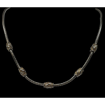 Modernist Metallic Silver Tone Station Necklace On Snake Chain