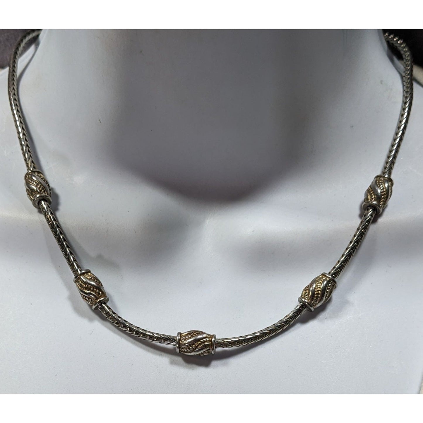 Modernist Metallic Silver Tone Station Necklace On Snake Chain