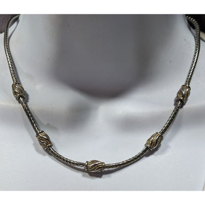 Modernist Metallic Silver Tone Station Necklace On Snake Chain