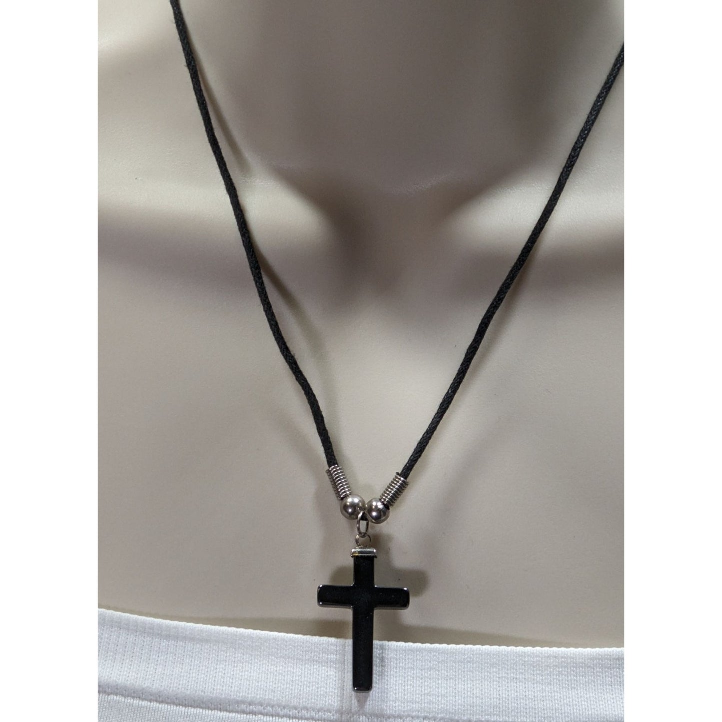 Religious Hematite Stone Cross Pendant Necklace