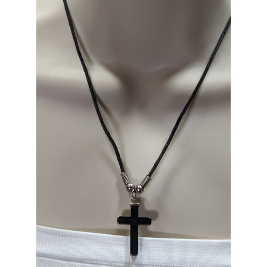 Religious Hematite Stone Cross Pendant Necklace