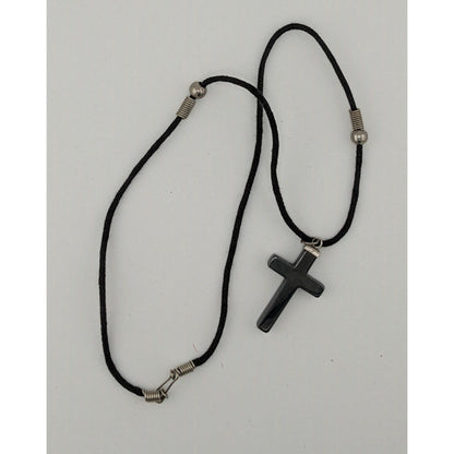 Religious Hematite Stone Cross Pendant Necklace