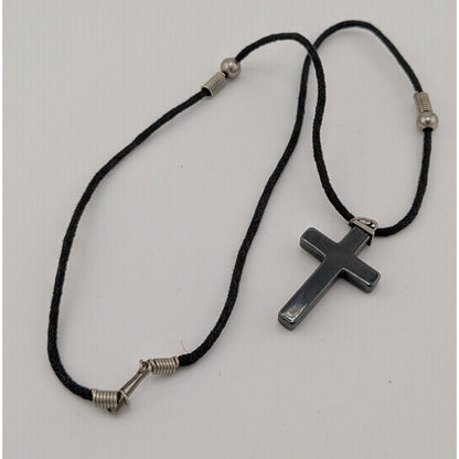 Religious Hematite Stone Cross Pendant Necklace
