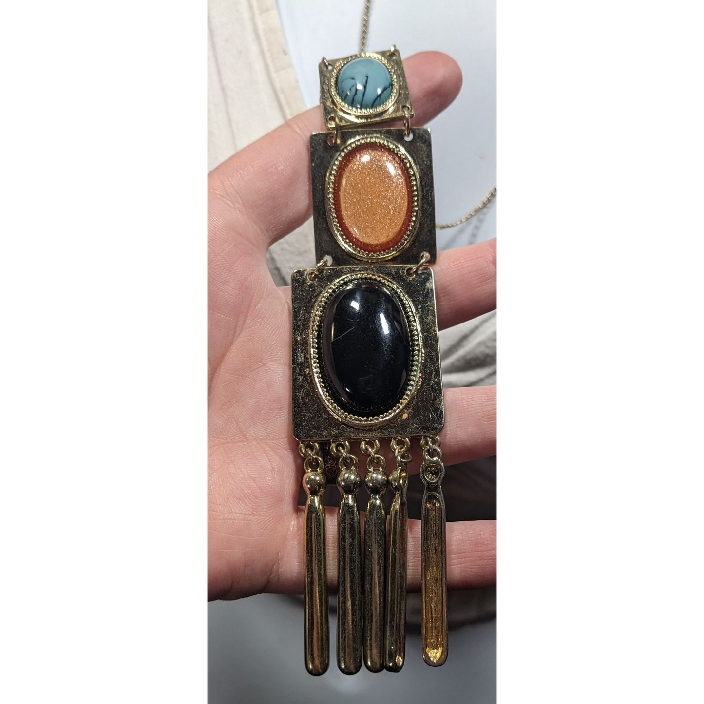 Vintage Southwestern Pendant Necklace With Faux Stone Cabochons