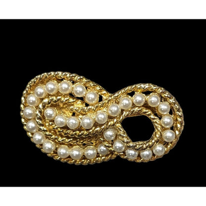 Vintage Elegant Knot Brooch Gold Tone With Faux Pearl Accents