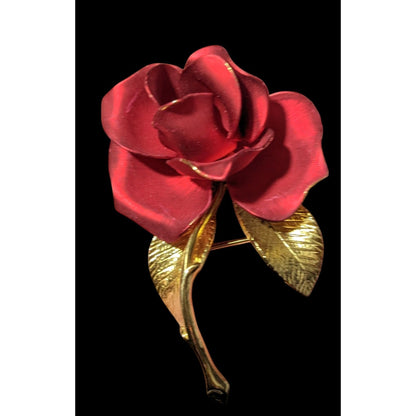 Vintage Gerry's Rose Red And Gold Tone Brooch