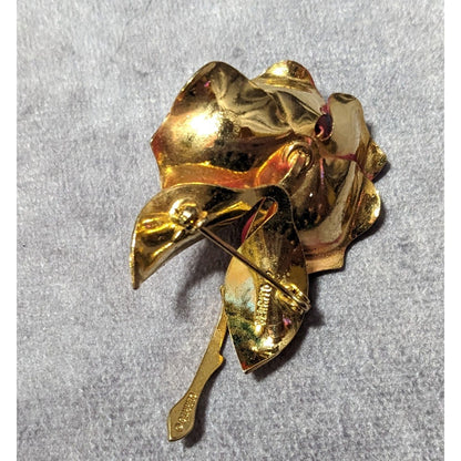 Vintage Gerry's Rose Red And Gold Tone Brooch