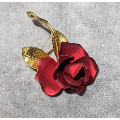 Vintage Gerry's Rose Red And Gold Tone Brooch