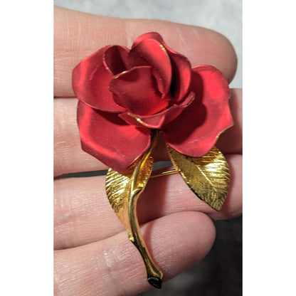 Vintage Gerry's Rose Red And Gold Tone Brooch