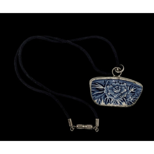 Vintage Blue And White Floral Broken China Pendant Necklace