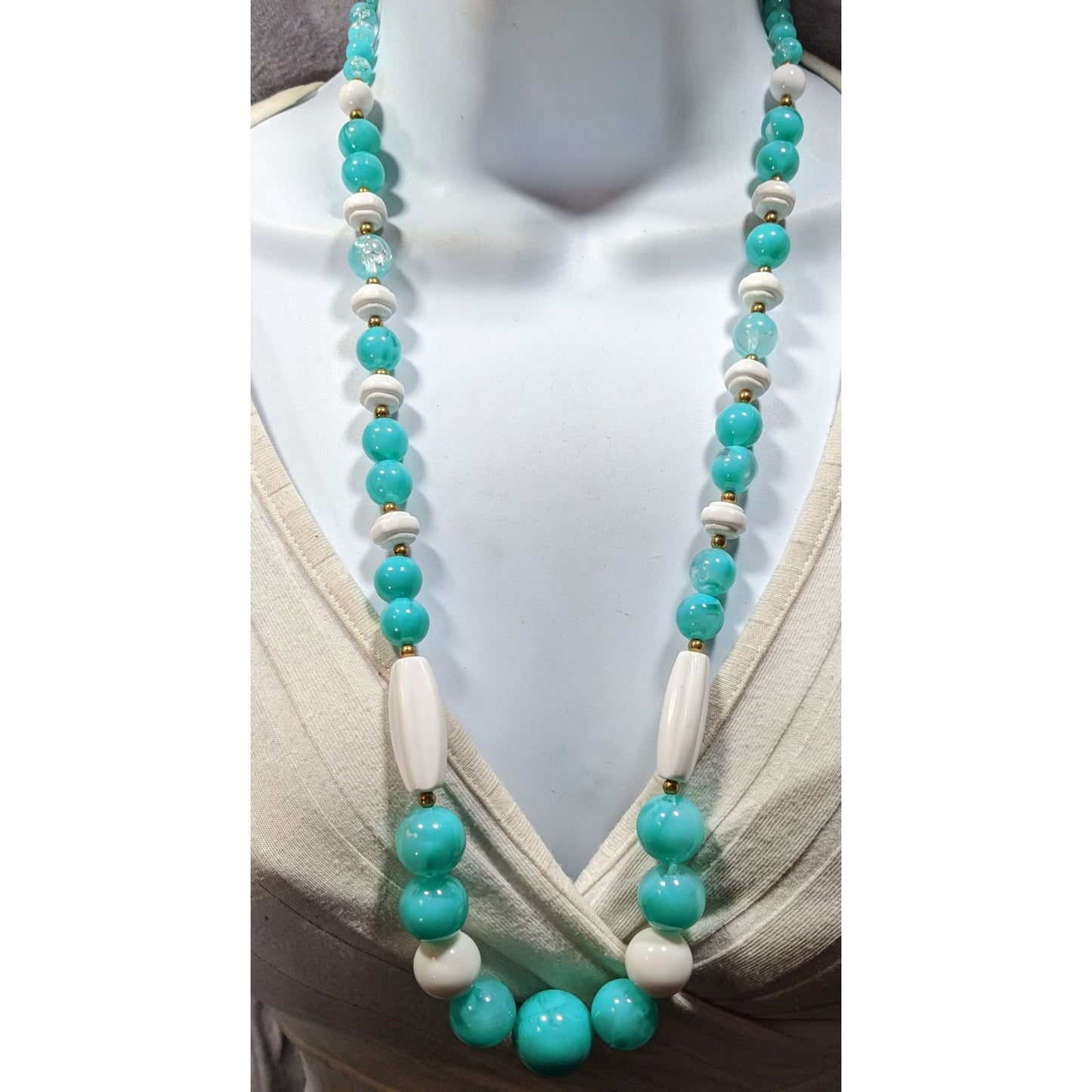 Vintage Retro Blue And White Acrylic Beaded Necklace With Gold Tone Accents