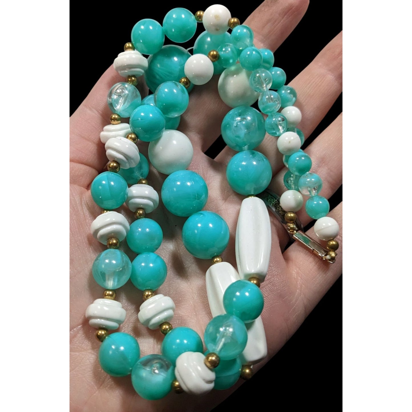 Vintage Retro Blue And White Acrylic Beaded Necklace With Gold Tone Accents