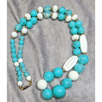 Vintage Retro Blue And White Acrylic Beaded Necklace With Gold Tone Accents
