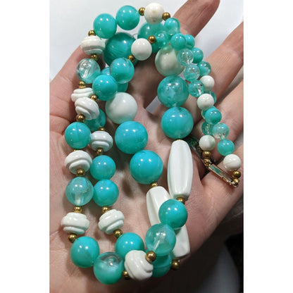 Vintage Retro Blue And White Acrylic Beaded Necklace With Gold Tone Accents