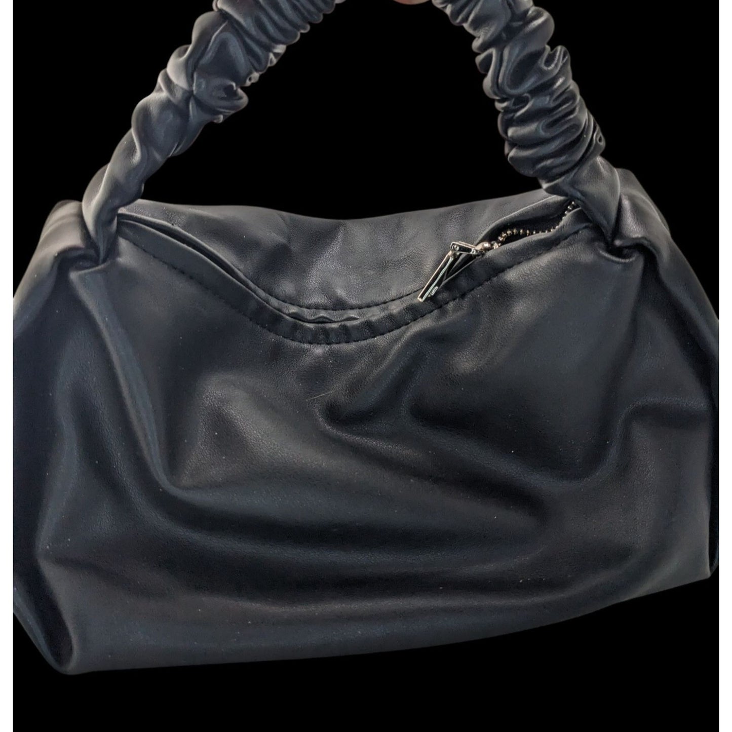 Black Faux Leather Scrunch Handle Shoulder Bag With Zipper Closure