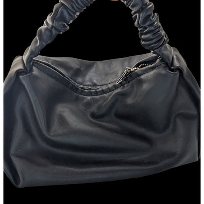 Black Faux Leather Scrunch Handle Shoulder Bag With Zipper Closure