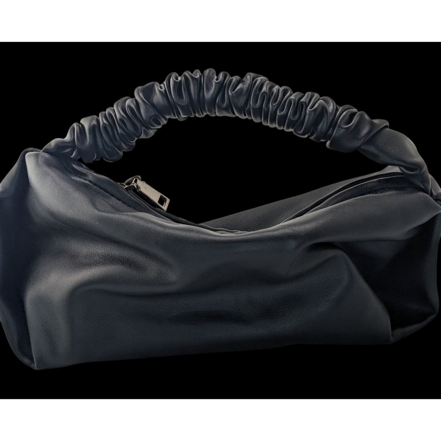 Black Faux Leather Scrunch Handle Shoulder Bag With Zipper Closure