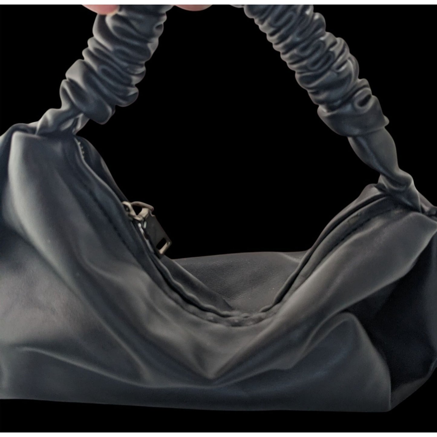Black Faux Leather Scrunch Handle Shoulder Bag With Zipper Closure