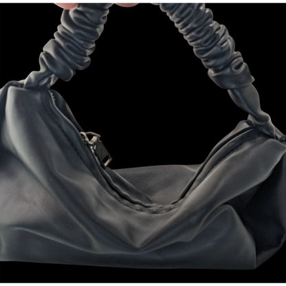 Black Faux Leather Scrunch Handle Shoulder Bag With Zipper Closure