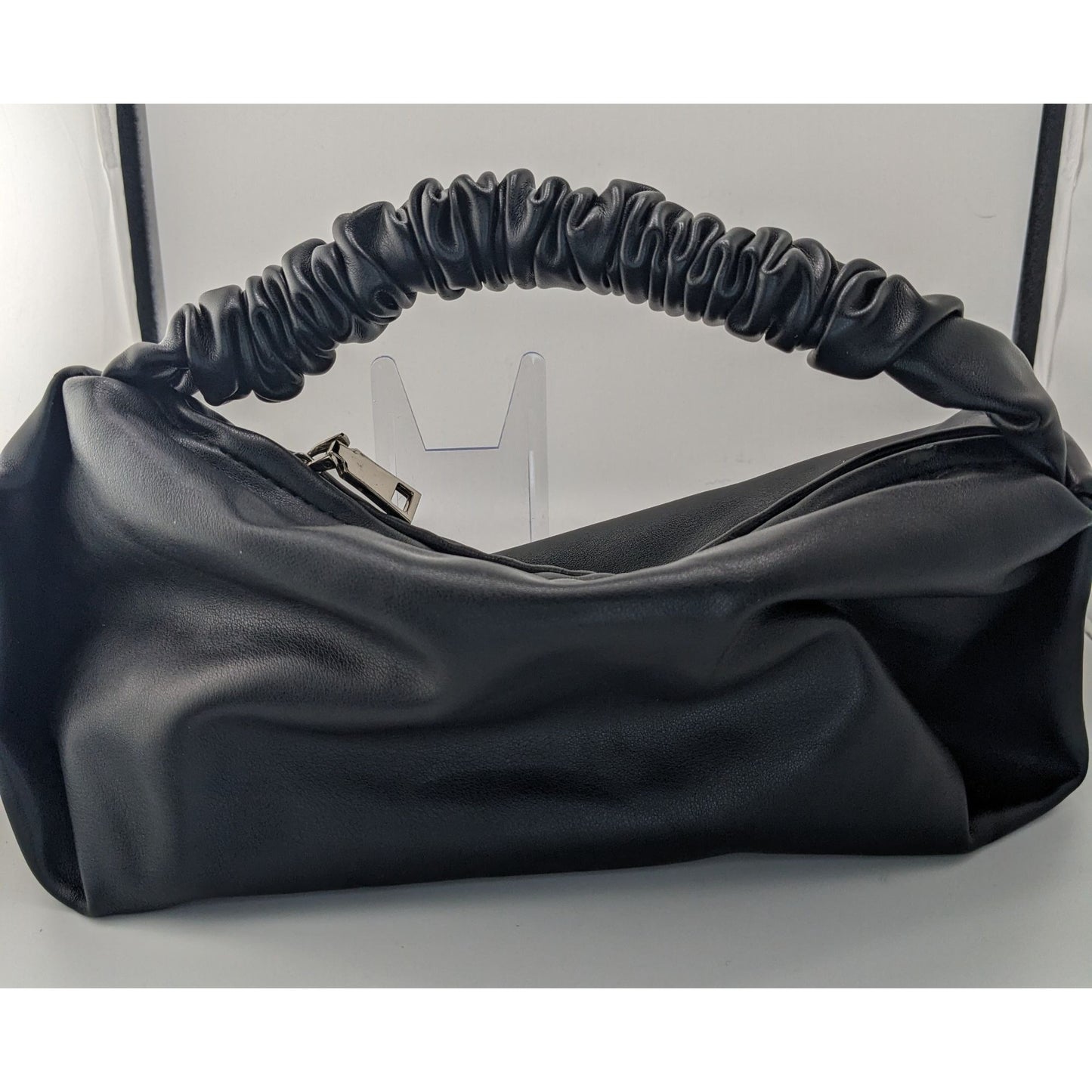 Black Faux Leather Scrunch Handle Shoulder Bag With Zipper Closure
