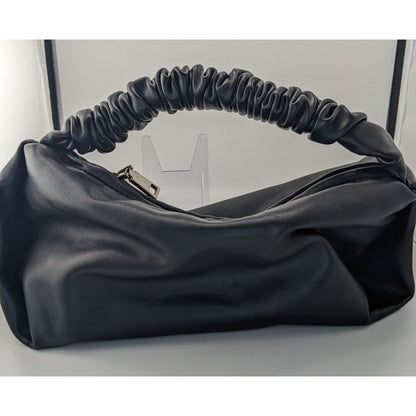Black Faux Leather Scrunch Handle Shoulder Bag With Zipper Closure