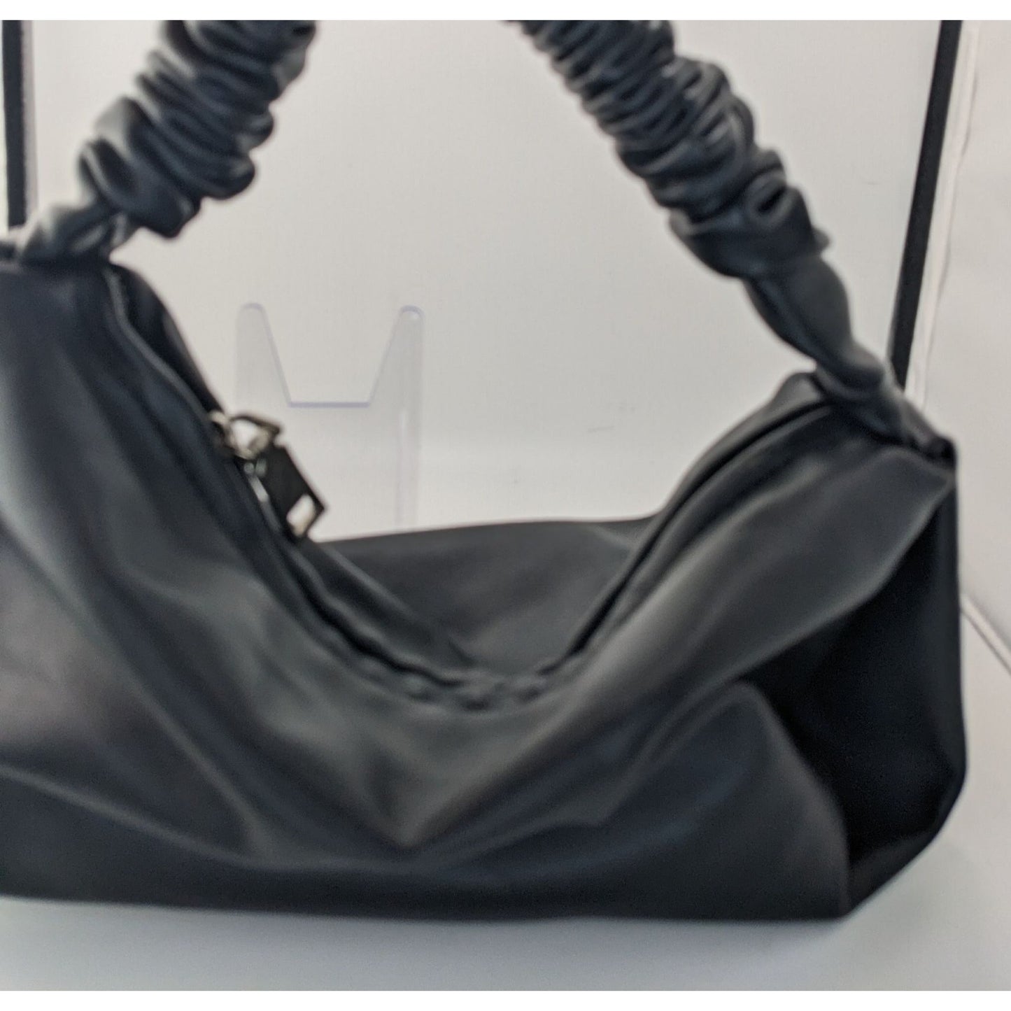 Black Faux Leather Scrunch Handle Shoulder Bag With Zipper Closure