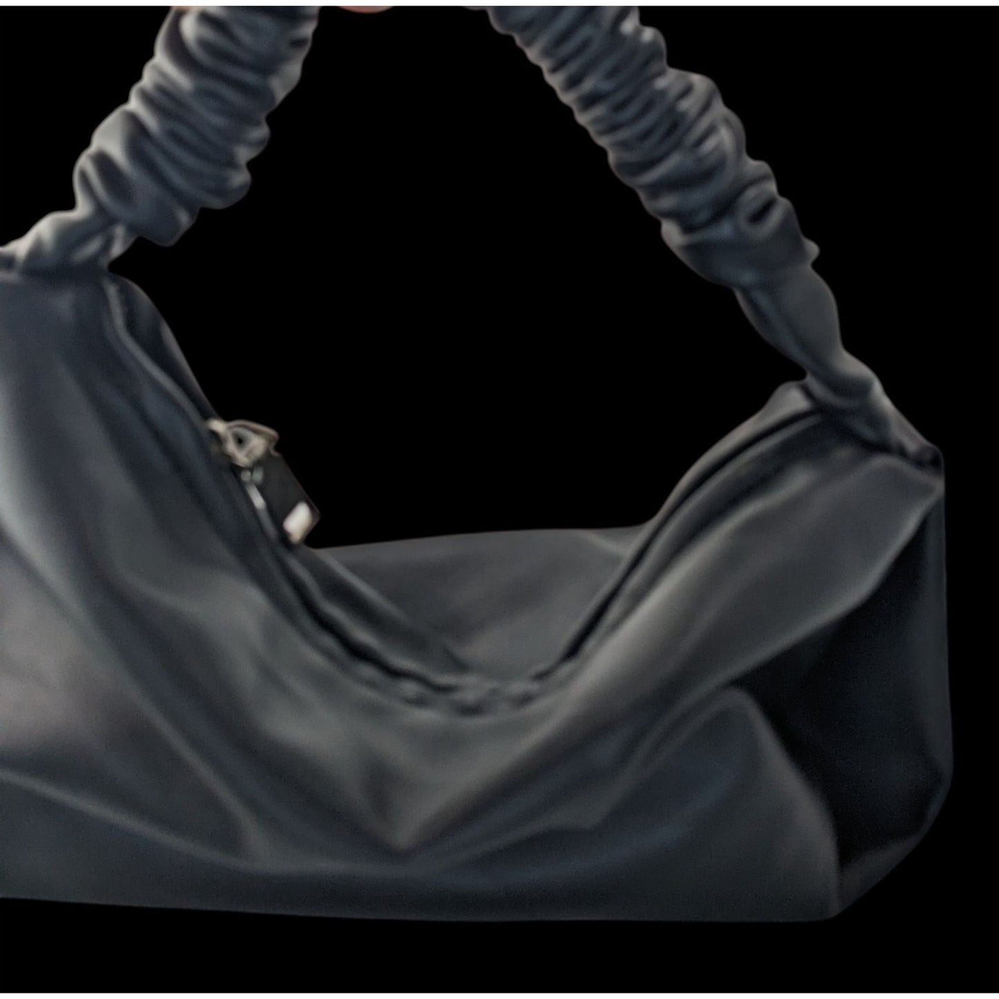 Black Faux Leather Scrunch Handle Shoulder Bag With Zipper Closure