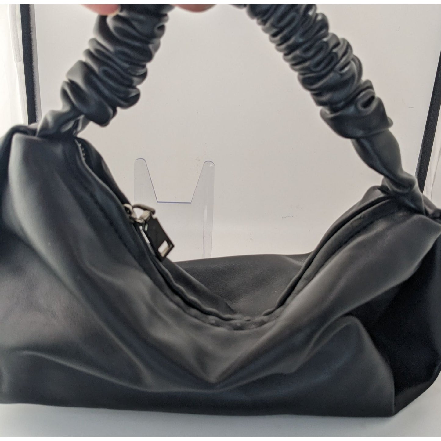Black Faux Leather Scrunch Handle Shoulder Bag With Zipper Closure