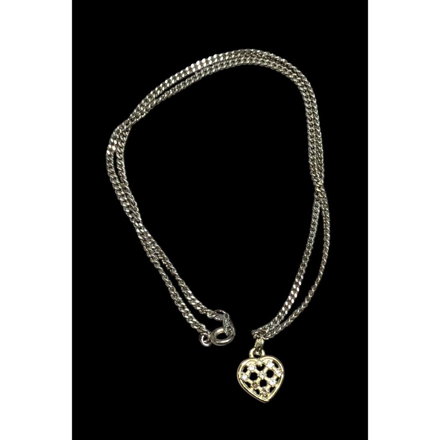 Minimalist Coquette Lattice Heart Pendant Necklace Gold Tone With Rhinestones