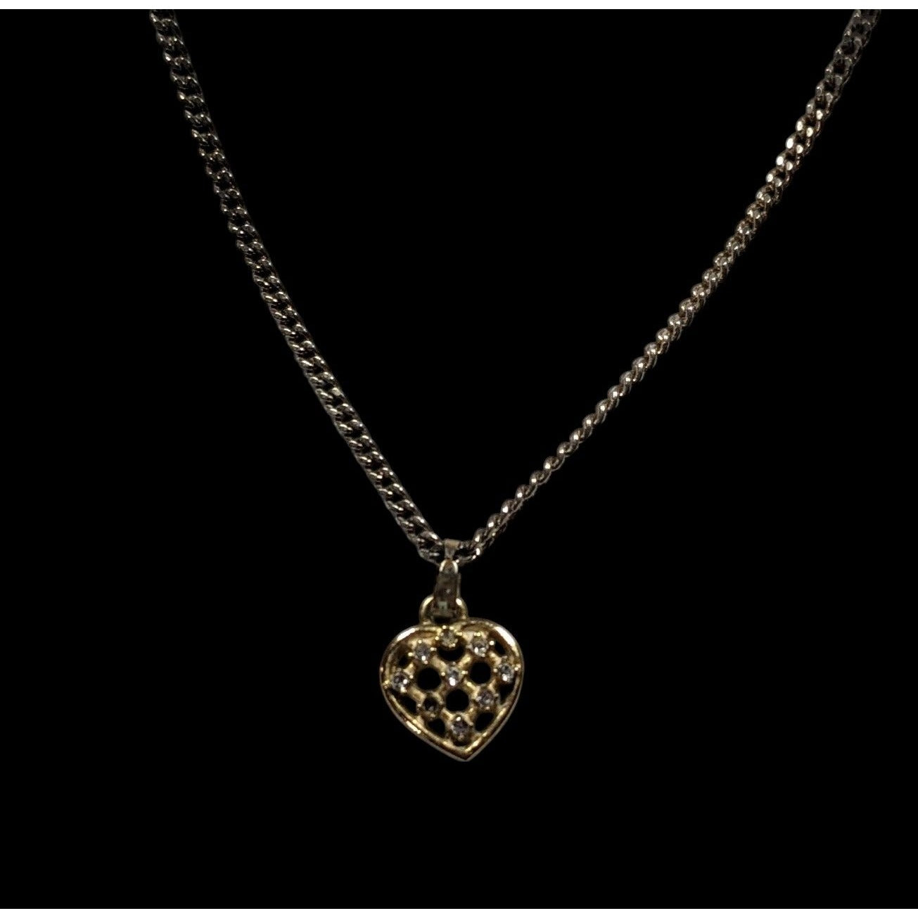Minimalist Coquette Lattice Heart Pendant Necklace Gold Tone With Rhinestones
