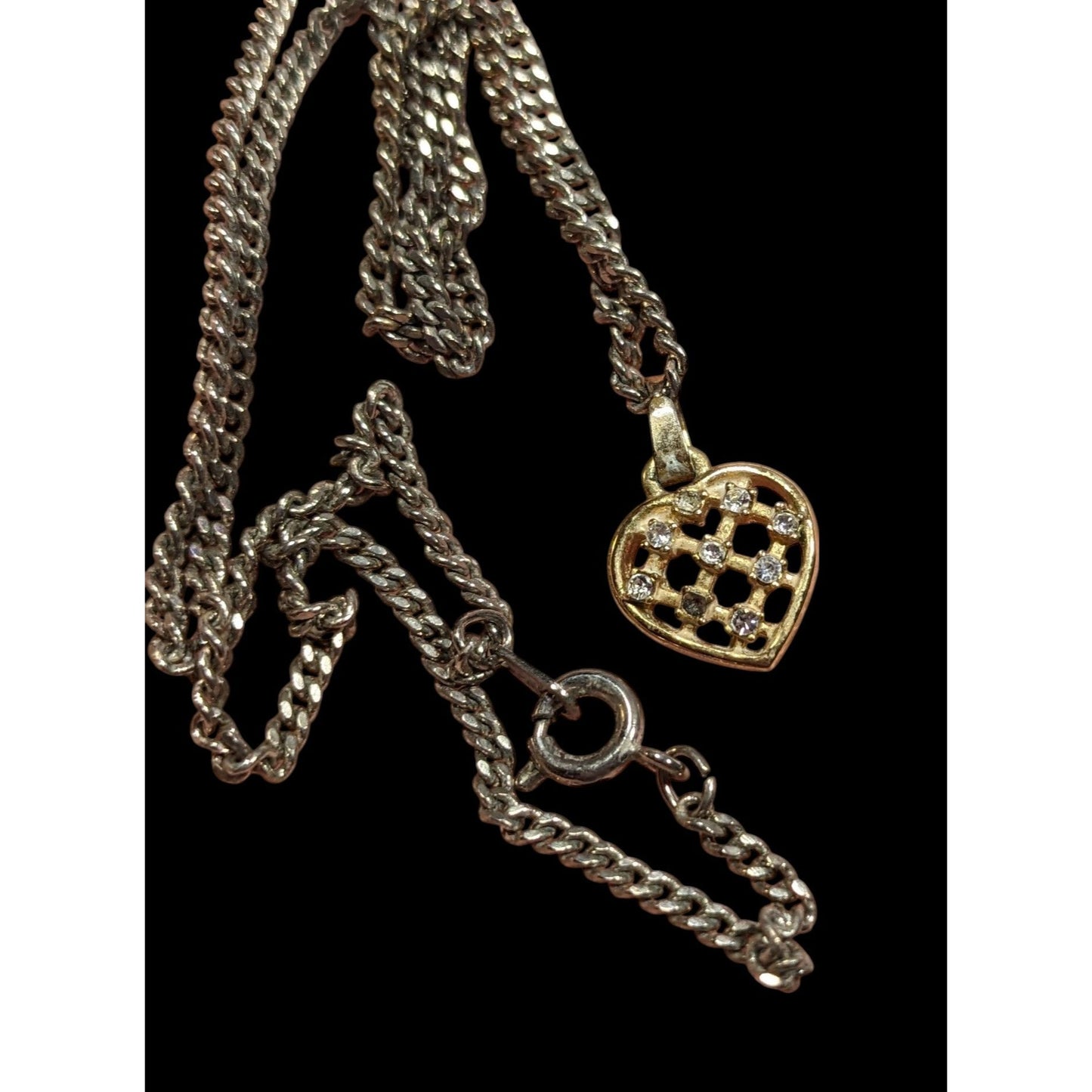 Minimalist Coquette Lattice Heart Pendant Necklace Gold Tone With Rhinestones