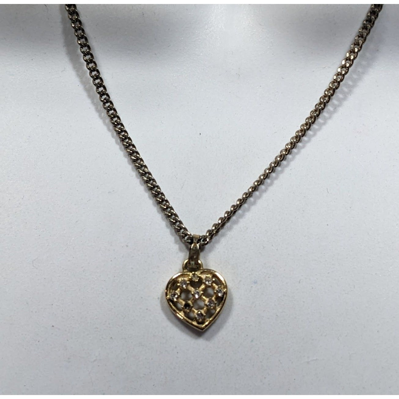 Minimalist Coquette Lattice Heart Pendant Necklace Gold Tone With Rhinestones