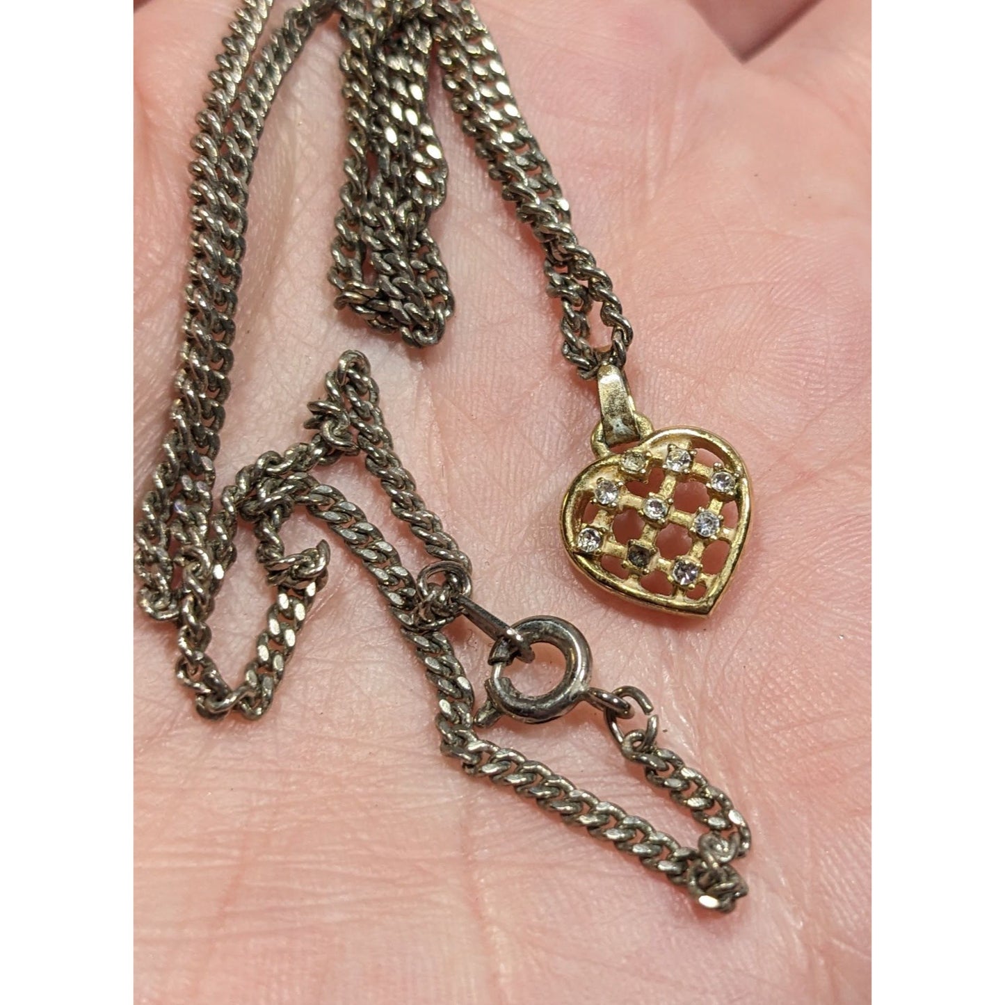 Minimalist Coquette Lattice Heart Pendant Necklace Gold Tone With Rhinestones