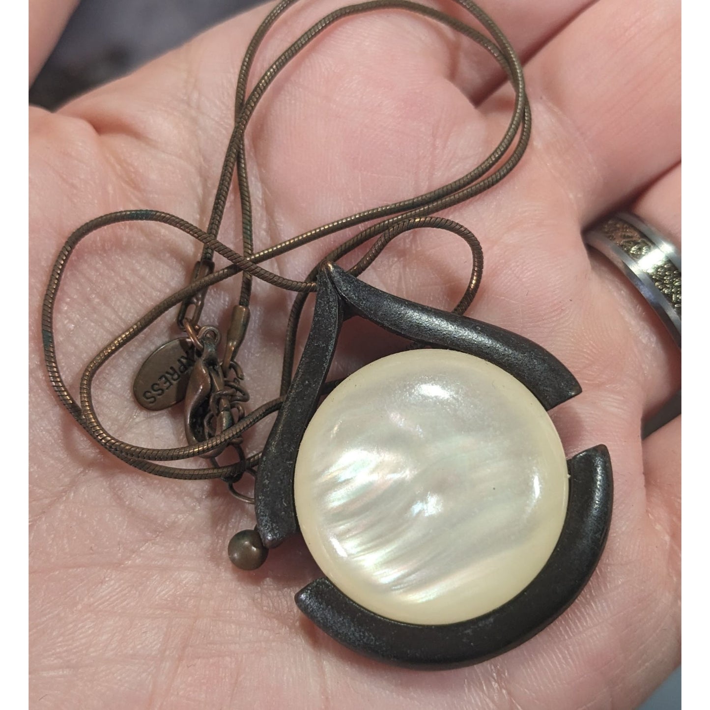 Express Art Deco Glass Cabochon Antiqued Gold Tone Pendant Necklace