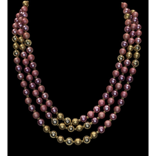 Vintage 3-Strand Rose & Gold Beaded Necklace Japan