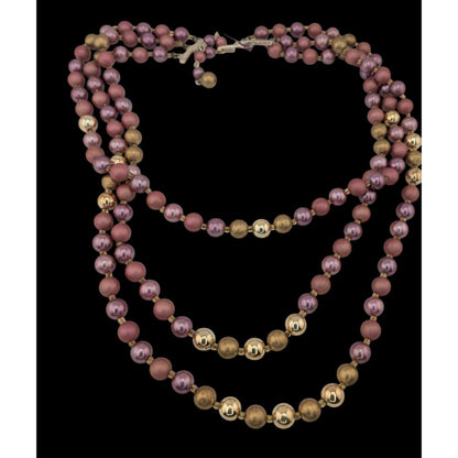 Vintage 3-Strand Rose & Gold Beaded Necklace Japan