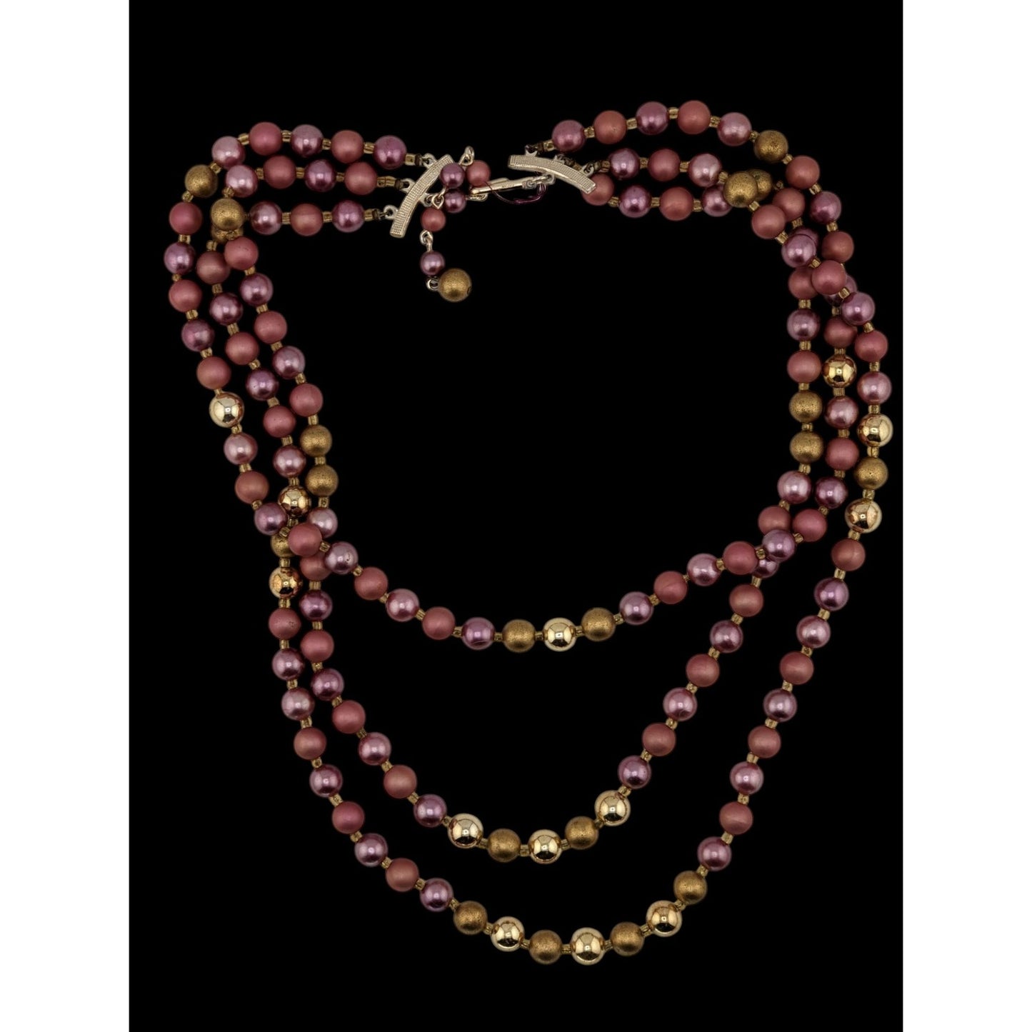 Vintage 3-Strand Rose & Gold Beaded Necklace Japan