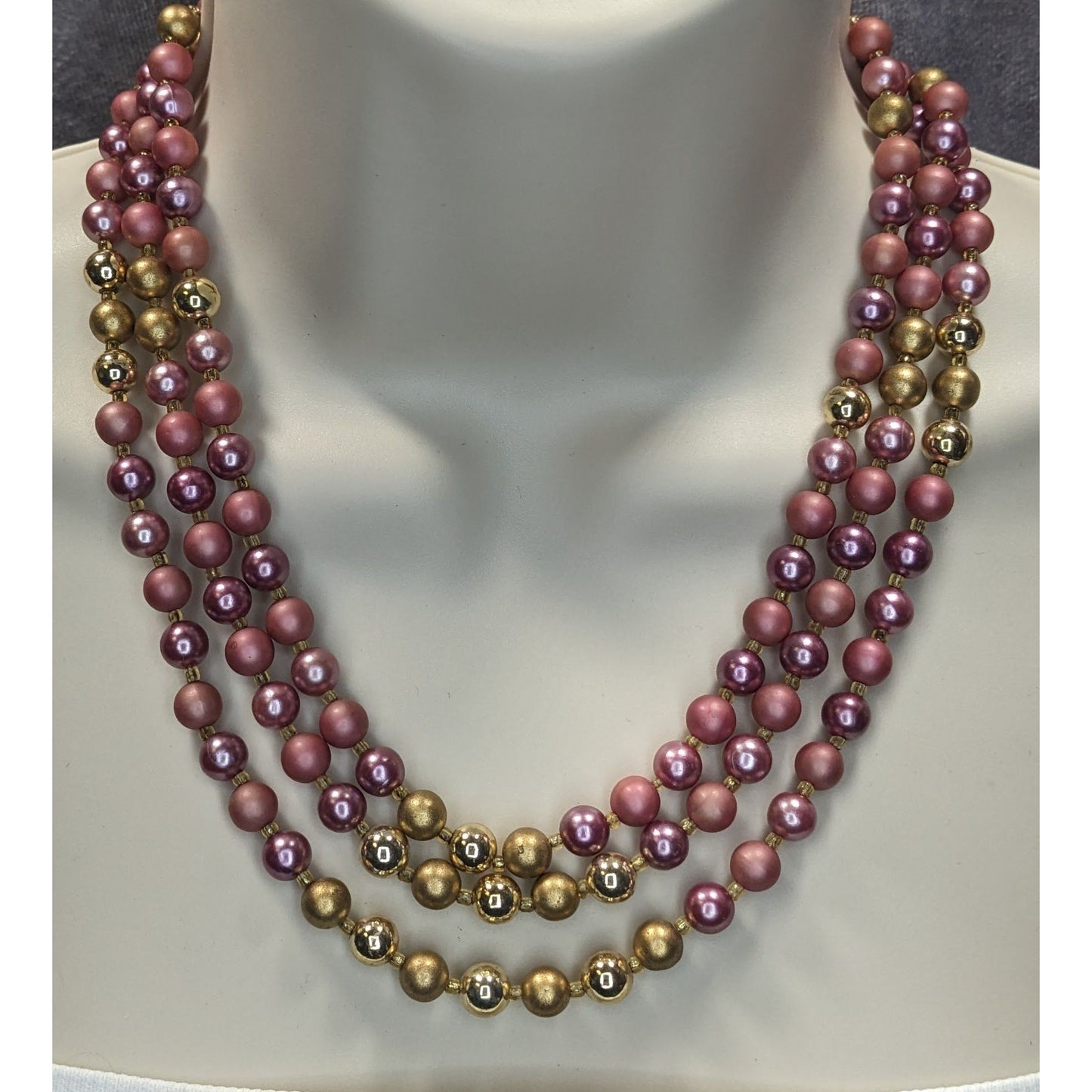 Vintage 3-Strand Rose & Gold Beaded Necklace Japan
