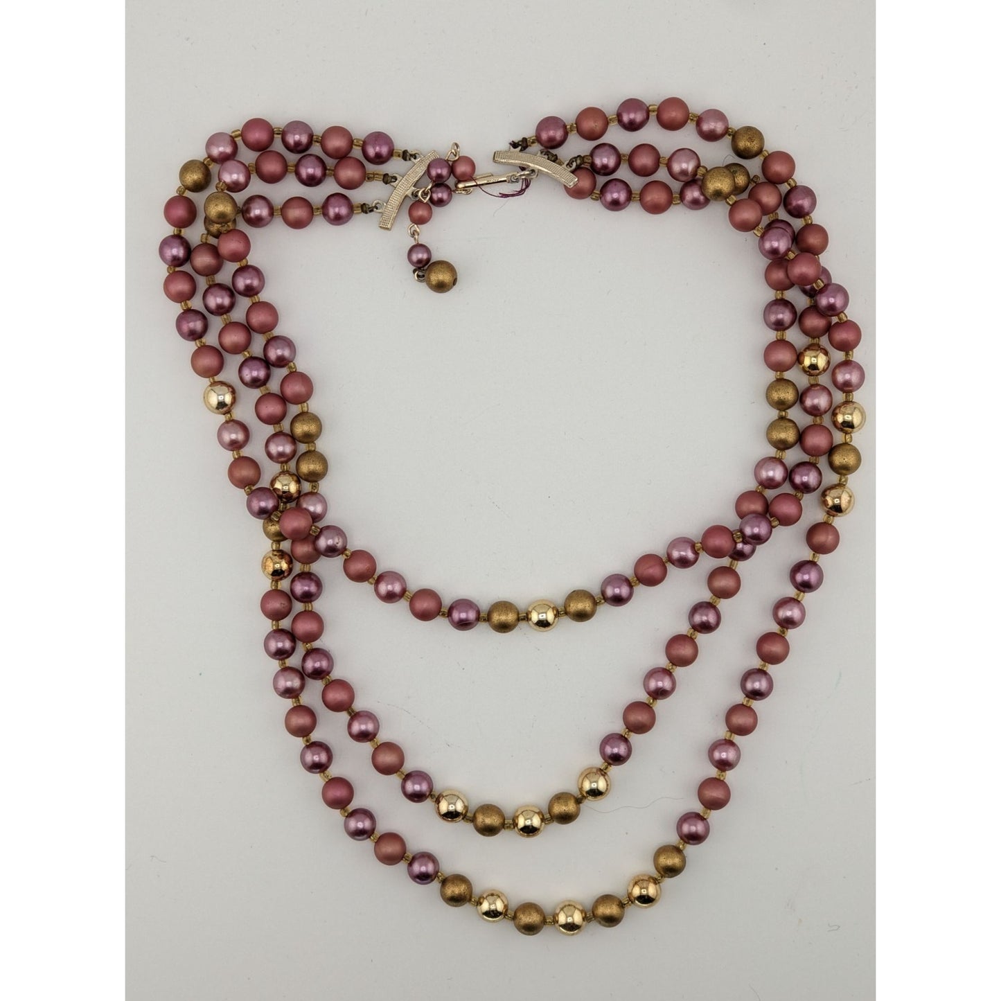 Vintage 3-Strand Rose & Gold Beaded Necklace Japan